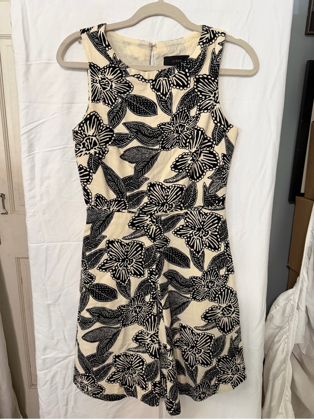 J. Crew Black Floral Print Cream Sleeveless Fit-and-Flare Dress